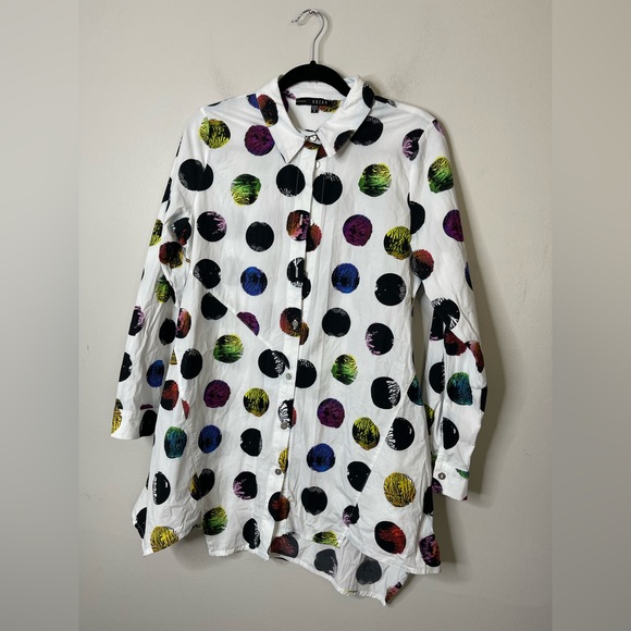 Kocan Multi color Stretchy Cotton Poplin Asymmetrical Hem Button Down Tunic S - Picture 3 of 12